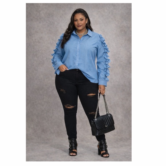 Ashley Stewart Tops - Ashley Stewart Blue Ruffle Sleeve Button Front Blouse Size 22/24 Plus NWT New